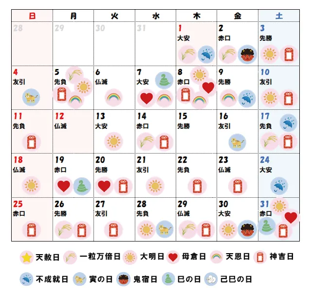 2026年1月の吉日カレンダー