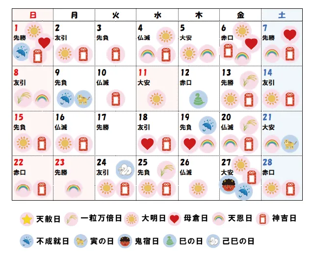 2026年2月の吉日カレンダー