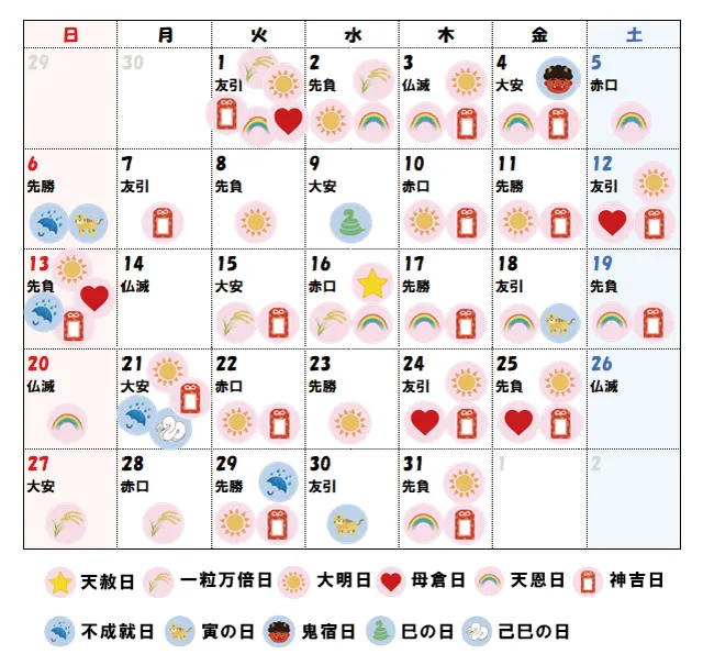 2026年12月の吉日カレンダー