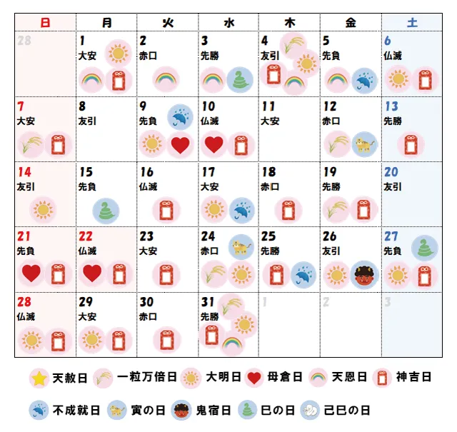 2027年3月の吉日カレンダー